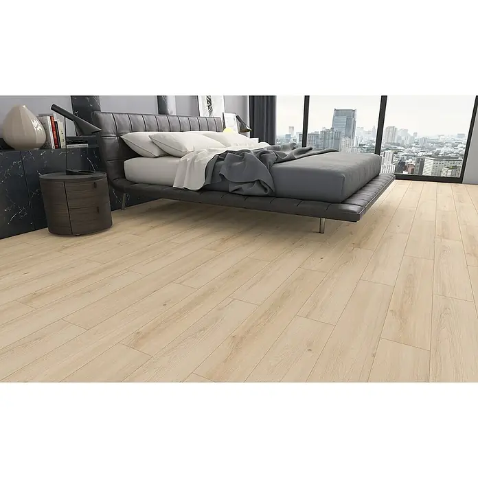 Laminado Roble Rock - 1.205 x 197 x 8 mm, AC5 - Suelo laminado de madera clara en este dormitorio moderno. El laminado agrega calidez y textura al espacio.