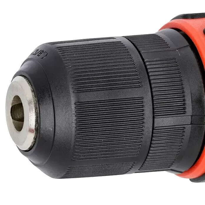 Einhell PXC 18V Taladro atornillador de batería TC-CD 18/35 Li-Solo - 18 V, Sin batería, 35 Nm - Primer plano de un mandril de taladro negro texturizado con punta metálica plateada y un acento rojo.