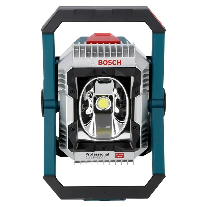 Bosch Professional AMPShare 18V LED-Akkustrahler GLI 18V-2200 C - 18 V, Ohne Akku, 2.200 lm - Nahaufnahme einer Bosch GLI 18V-2200 C Arbeitsleuchte mit robustem Design und heller LED-Beleuchtung für professionelle Anwendungen.