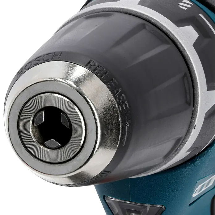 Bosch Professional Akku-Bohrschrauber GSR 12V-15 - 12 V, 2 Akkus, 2 Ah - 4 Ah, 30 Nm - Nahaufnahme einer Bosch-Bohrmaschine, die die robuste Bauweise und die präzisen Details des Werkzeugs hervorhebt.