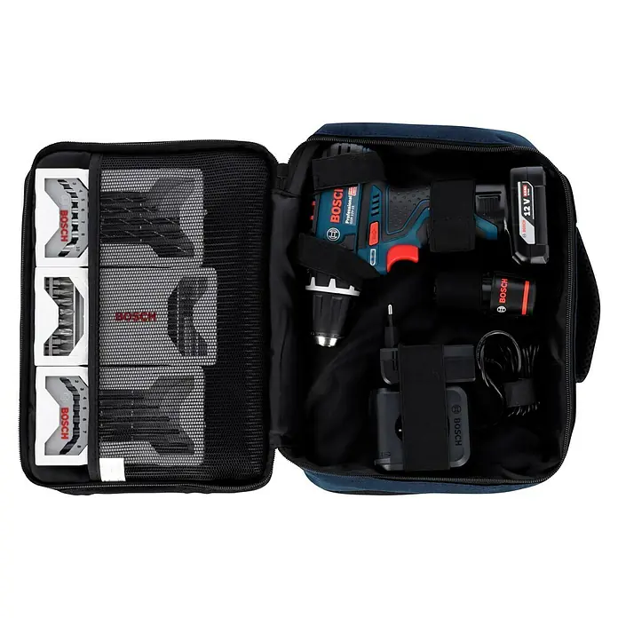 Bosch Professional Akku-Bohrschrauber GSR 12V-15 - 12 V, 2 Akkus, 2 Ah - 4 Ah, 30 Nm - Bild eines Werkzeugkastens von Bosch, der eine Bohrmaschine, Akku, Ladegerät und verschiedene Bits enthält. Ideal für Heimwerker und Profis.