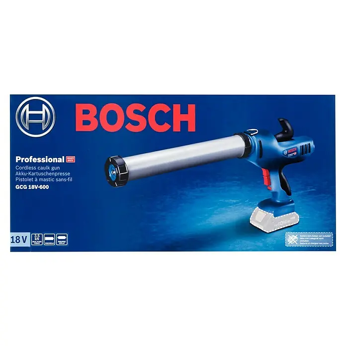 Bosch Professional AMPShare 18V Akku-Kartuschenpresse GCG 18V-600 - 18 V, Ohne Akku - Abbildung einer Akku-Kartuschenpistole GCG 18V-600 von Bosch Professional. Das Gerät ist blau und silberfarben und wird mit einem 18-V-Akku betrieben.