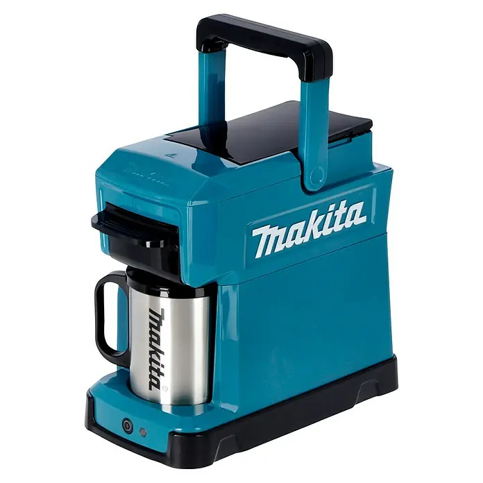 Makita LXT 18V Akku-Kaffeemaschine DCM501Z - 18 V, Ohne Akku, Behältervolumen: 0,24 l - Makita Kaffeemaschine mit Tasse im typischen Türkis-Schwarz-Design. Ideal für Baustellen oder den mobilen Einsatz.