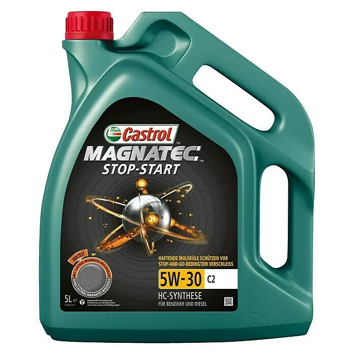 Castrol Magnatec Aceite para motores de alto rendimiento Stop-Go - 5 l, 5W-30, C2 - Un envase de 5 litros de aceite de motor Castrol Magnatec Stop-Start 5W-30 C2 verde azulado con tapa roja, para motores de gasolina y diésel.