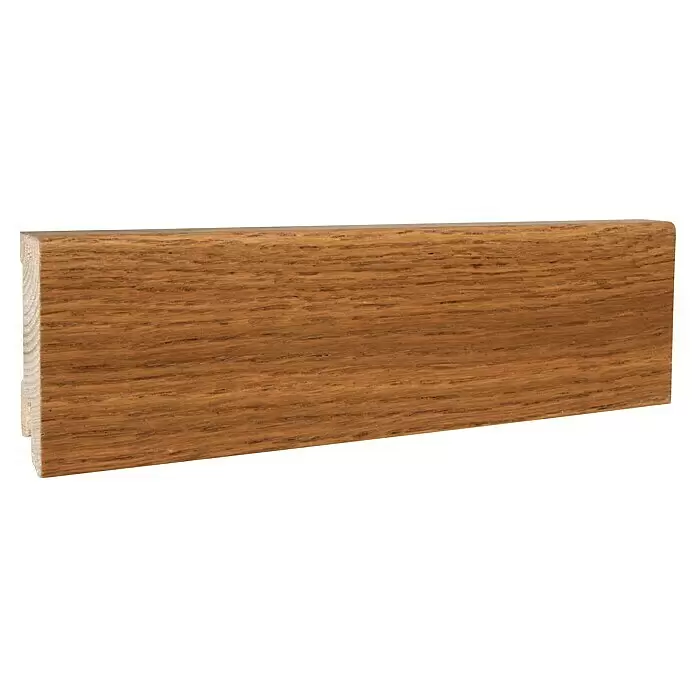 Sockelleiste - 240 x 1,6 x 5,8 cm, Eiche Goldbraun - Braune Holzleiste mit natürlicher Maserung, glatter Oberfläche und roher Profilkante.