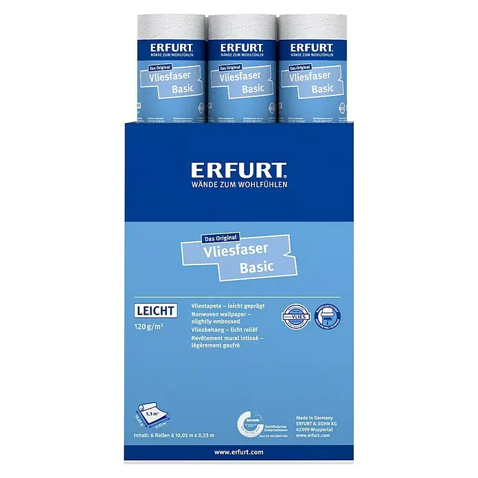 Erfurt Vliestapete Vliesfaser Basic - 100, Uni, 10,05 x 0,53 m - Produktfoto von Erfurt Vliesfaser Basic Tapetenrollen, leicht und geprägt für Wände zum Wohlfühlen.