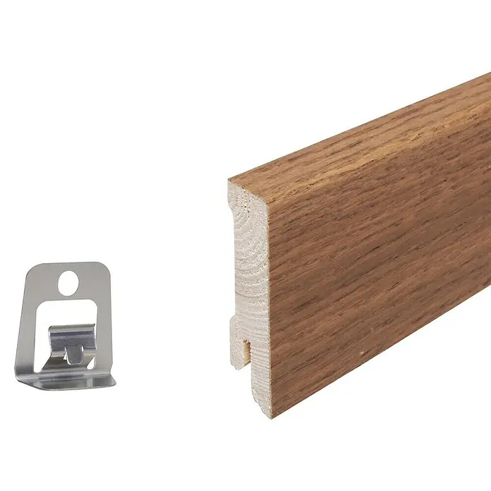 Sockelleiste - 240 x 1,6 x 5,8 cm, Eiche Goldbraun - Sockelleiste aus Holz mit Clip zur einfachen Montage. Perfekt für einen sauberen Übergang zwischen Wand und Boden.