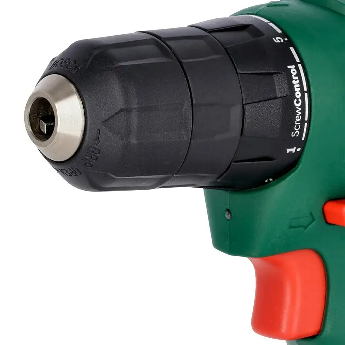 Bosch Power for All 12V Akku-Bohrschrauber EasyDrill 1200 - 12 V, 2 Akkus, 1,5 Ah, 20 Nm - Nahaufnahme eines grünen Bosch Akkuschraubers mit rotem Knopf und schwarzem Bohrfutter.