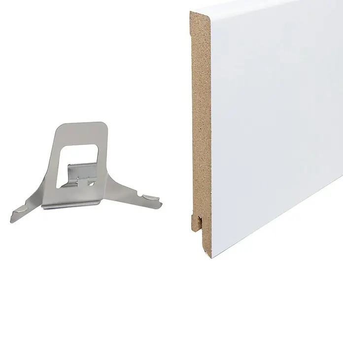 Sockelleiste - 240 x 1,6 x 12 cm, MDF - Eine weiße Sockelleiste mit einem Montageclip, der die einfache Anbringung an der Wand ermöglicht. Ideal für ein sauberes, modernes Finish.