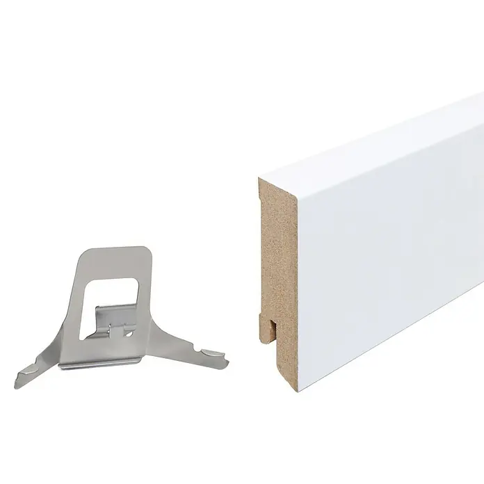 Sockelleiste - 240 x 1,9 x 6 cm, MDF - Sockelleiste in Weiß mit Befestigungsclip für eine einfache und saubere Wandmontage. Praktisches Zubehör für die Installation.