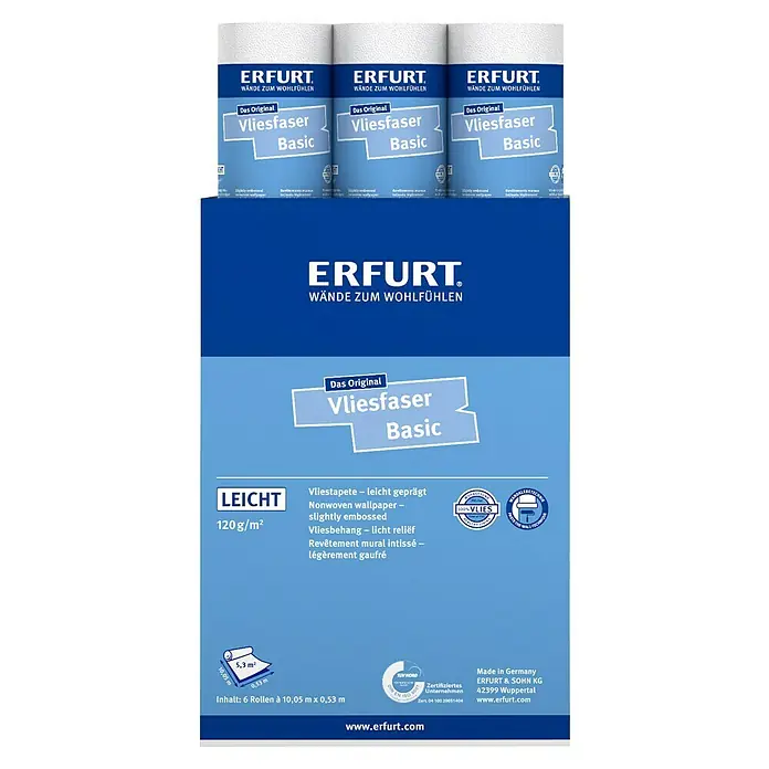 Erfurt Vliestapete Vliesfaser Basic - 106, Uni, 10,05 x 0,53 m - Abbildung einer Packung Erfurt Vliesfaser Basic Tapete.