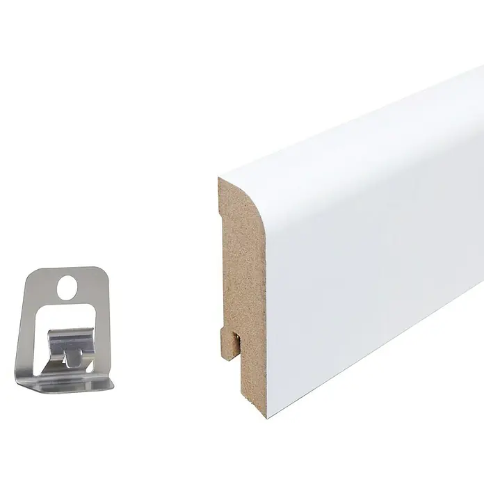 Sockelleiste - 240 x 1,8 x 5,8 cm, MDF - Weiße Sockelleiste mit Befestigungsclip, ideal für ein sauberes und modernes Finish in jedem Raum.