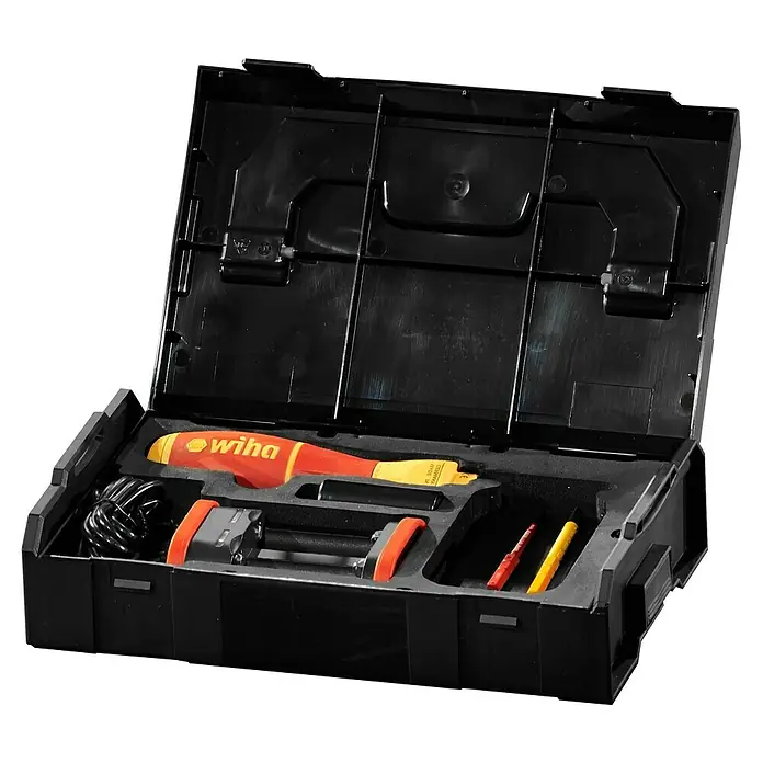 Wiha Elektronischer Schraubendreher speedE® II electric - 2 Akkus - Das Wiha Elektriker Werkzeug Set im schwarzen Koffer. Die Werkzeuge sind übersichtlich in Schaumstoffeinlagen platziert.