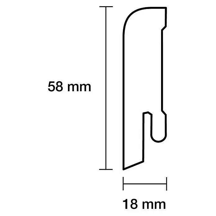 Sockelleiste - 240 x 1,8 x 5,8 cm, MDF - Querschnitt eines 58x18mm Leistenprofils mit gebogener Oberseite und innenliegender Befestigungsnut.