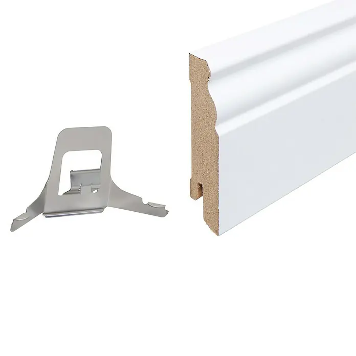 Sockelleiste - 240 x 1,9 x 7 cm, MDF, Profiliert - Weiß lackierte Fußleiste mit Clip-Befestigungssystem für eine einfache und saubere Installation im Raum.