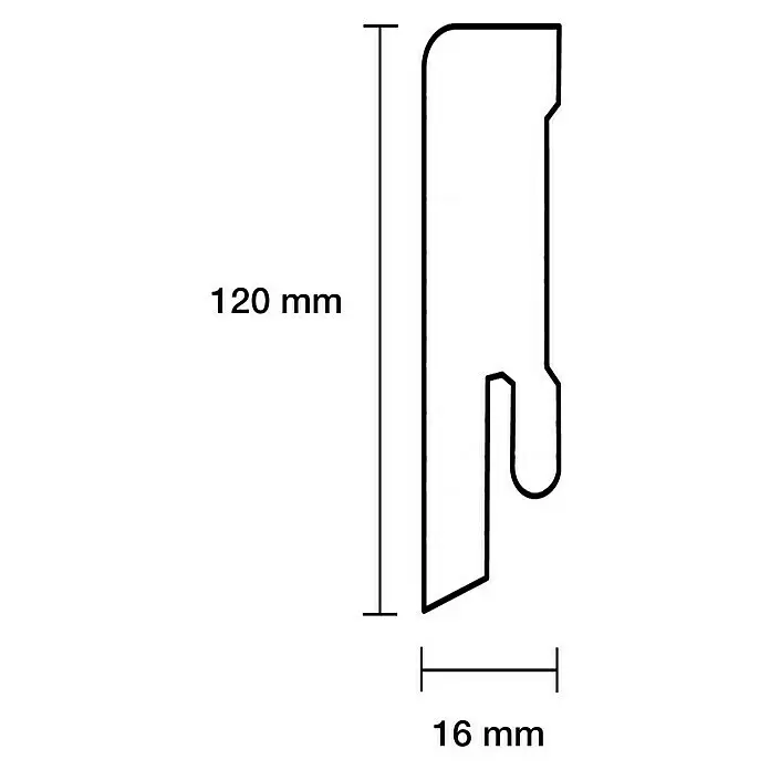 Sockelleiste - 240 x 1,6 x 12 cm, MDF - Technische Zeichnung eines 120 mm hohen, 16 mm tiefen Profils mit abgerundeter Oberseite und Innenhaken.