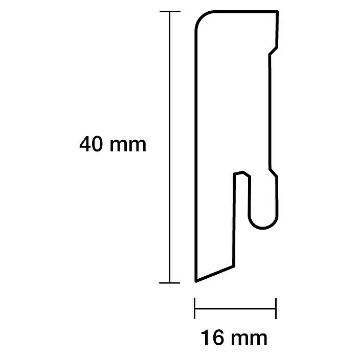Sockelleiste - 240 x 1,6 x 4 cm, MDF - Querschnitt eines U-förmigen Profils mit oberer Lippe und unterem Haken, 40mm hoch, 16mm tief.