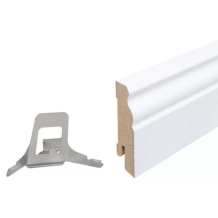 Sockelleiste - 240 x 1,9 x 6 cm, MDF, Profiliert - Weiße Sockelleiste und ein Metallclip zur verdeckten Montage.