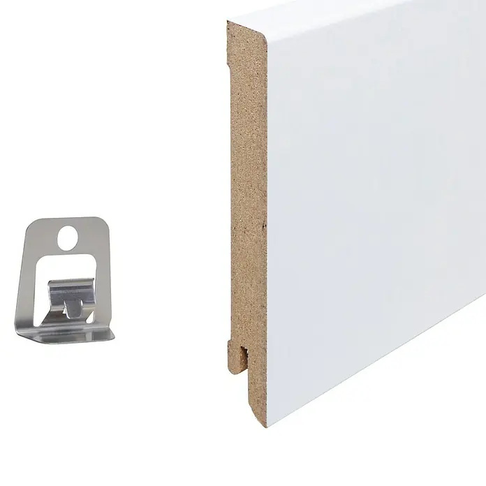 Sockelleiste - 240 x 1,6 x 10 cm, MDF - Sockelleisten-Clip zur einfachen und unsichtbaren Befestigung von Fußleisten. Die weiße Fußleiste sorgt für einen sauberen Übergang zur Wand.