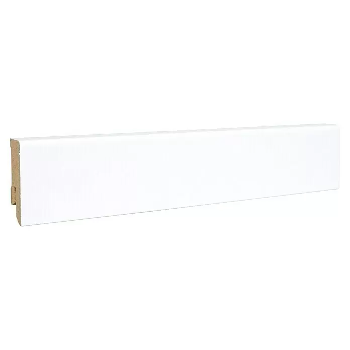 Sockelleiste - 240 x 1,6 x 4 cm, MDF - Weißes, rechteckiges Sockelleistenbrett, das seinen MDF-Kern zeigt.