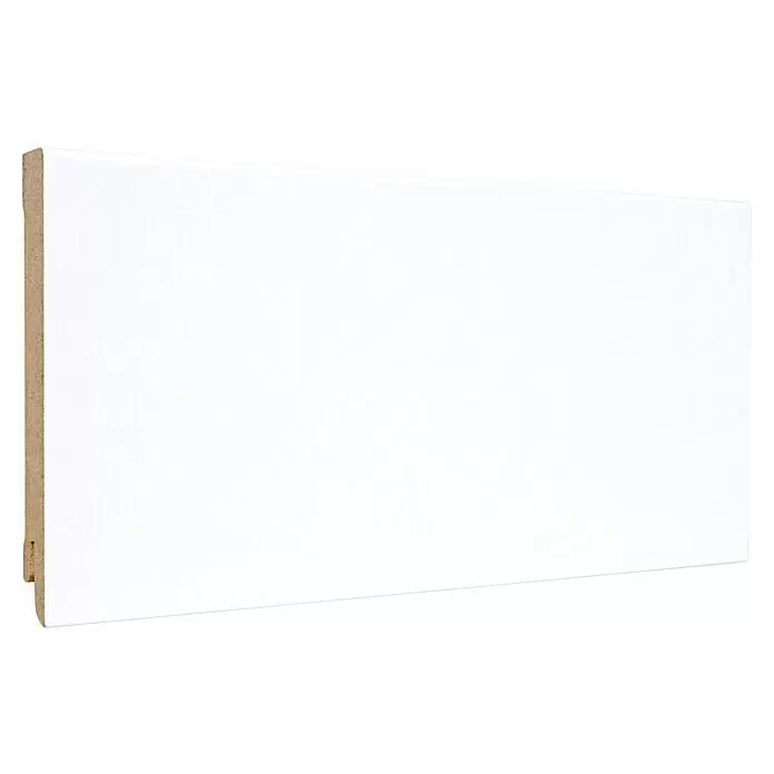 Sockelleiste - 240 x 1,6 x 10 cm, MDF - Weißes MDF-Sockelleistenprofil mit sichtbarer brauner Kante.