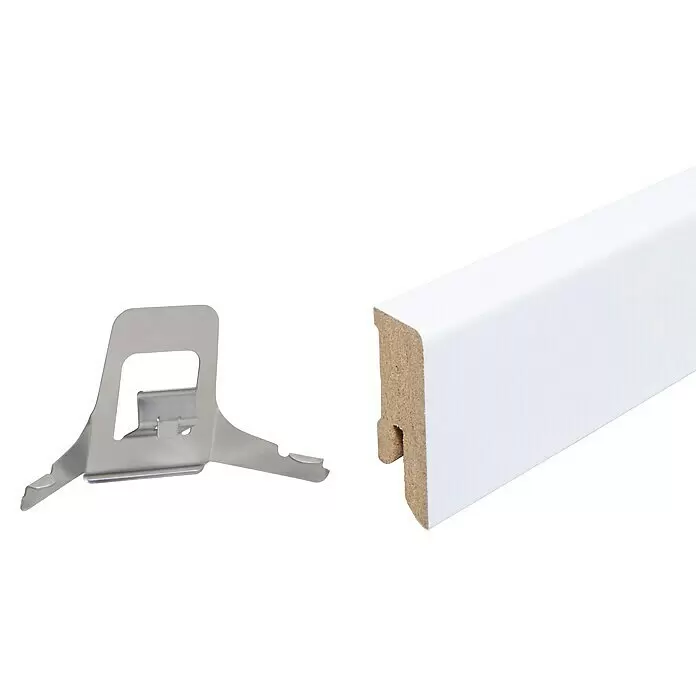 Sockelleiste - 240 x 1,6 x 4 cm, MDF - Weiß lackierte Sockelleiste aus MDF mit Nut und passendem Metall-Montageclip.