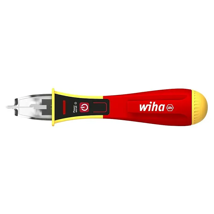 Wiha Kontaktloser Spannungsprüfer - Messbereich: 90 - 1.000 V - Wiha Spannungsprüfer: Ein rotes Werkzeug mit gelben Akzenten, das Präzision und Sicherheit bei elektrischen Arbeiten vereint.