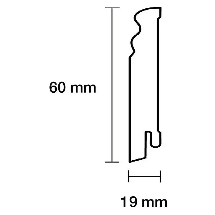 Sockelleiste - 240 x 1,9 x 6 cm, MDF, Profiliert - Querschnitt eines Zierleistenprofils, 60 mm hoch und 19 mm dick.