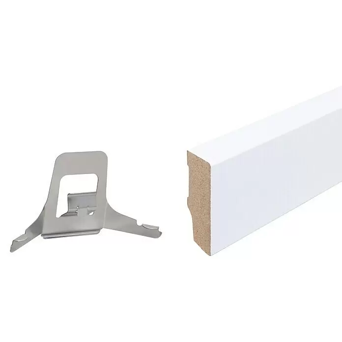 Sockelleiste - 240 x 1,6 x 4 cm, MDF, Foliert - Weiße MDF-Fußleiste mit Metallmontageclip zur einfachen Anbringung.