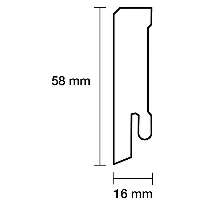 Sockelleiste - 240 x 1,6 x 5,8 cm, MDF, Foliert - Querschnitt eines schwarzen Profils, 58 mm hoch und 16 mm tief, mit Kerbe oben und J-förmigem Boden.