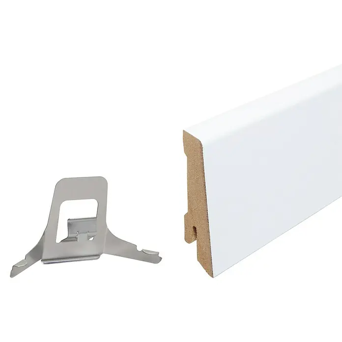 Sockelleiste - 244 x 1,8 x 5,8 cm, MDF - Weiße Fußleiste mit Montageclip für eine einfache und sichere Befestigung an der Wand. Perfekt für jeden Raum.