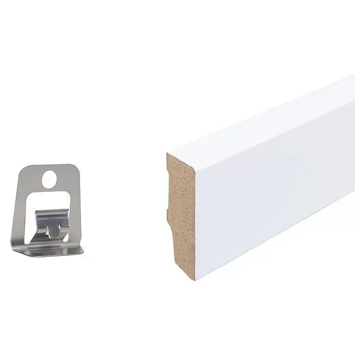 Sockelleiste - 240 x 1,6 x 4 cm, MDF, Foliert - Weiß lackierte Sockelleiste mit sichtbarem Kern und Metall-Befestigungsclip.
