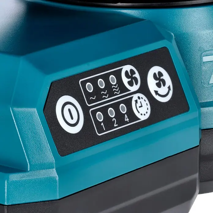 Makita LXT 18V Akku-Ventilator DCF203Z - 18 V, 110 V - 240 V, Ohne Akku, Luftmenge: 8,2 m³/min - Nahaufnahme der Bedienelemente eines Luftreinigers mit Leistungsstufen, Timer und Lüftermodi zur Anpassung der Luftreinigung.
