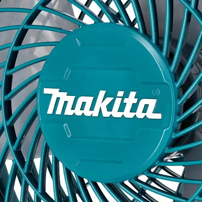 Makita LXT 18V Akku-Ventilator DCF203Z - 18 V, 110 V - 240 V, Ohne Akku, Luftmenge: 8,2 m³/min - Nahaufnahme des türkisfarbenen Kunststoffschutzgitters eines Makita-Lüfters mit weißem Makita-Logo in der Mitte.