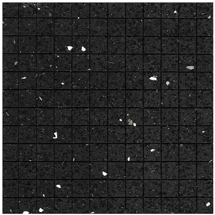 Mosaikfliese Komposit klein - 30 x 30 cm, Schwarz, Glänzend - Dunkelgraue Mosaikfliese mit weißen und hellgrauen Sprenkeln im Rastermuster.