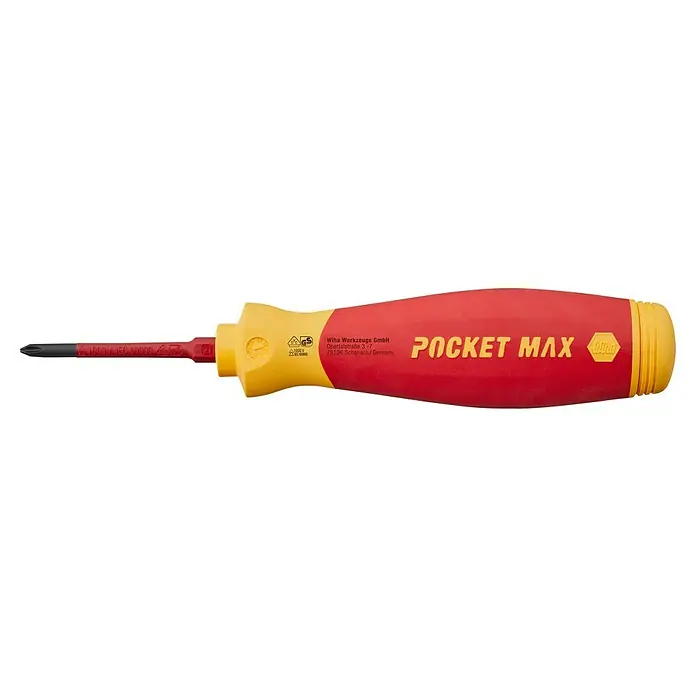 Wiha Schraubendreher-Set PocketMax® VDE - 5 -tlg. - Ein Wiha PocketMax Schraubendreher mit rotem Griff und gelben Akzenten, ideal für Elektriker und Heimwerker.