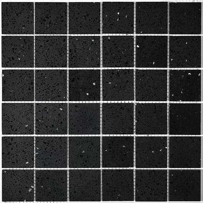 Mosaikfliese Komposit - 30 x 30 cm, Schwarz, Glänzend - Schwarze Mosaikfliesen mit gesprenkeltem, quarzähnlichem Muster, geeignet für diverse Oberflächen.