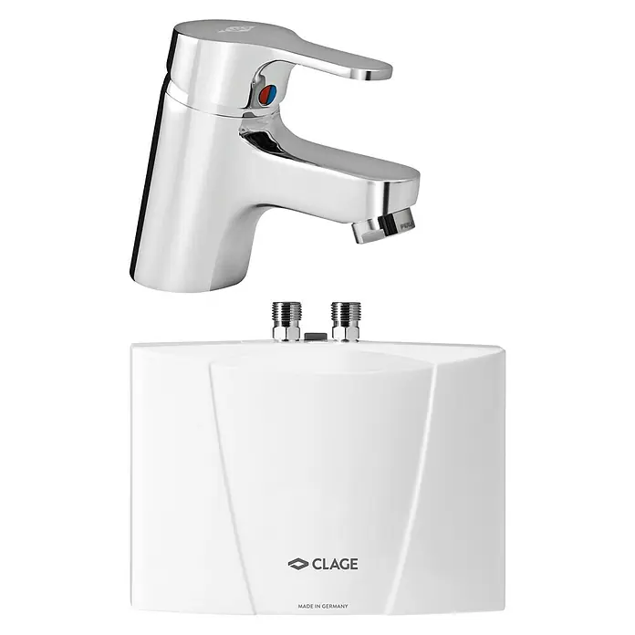 Clage Kleindurchlauferhitzer M3/END - 3,5 kW, Hydraulisch, Offen - Abbildung eines elektronischen Durchlauferhitzers von CLAGE mit einer Armatur.