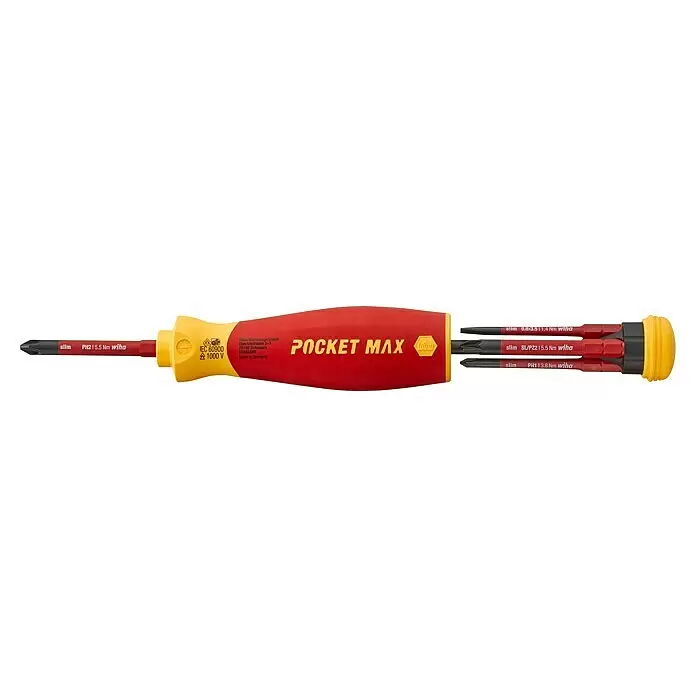 Wiha Schraubendreher-Set PocketMax® VDE - 5 -tlg. - Roter und gelber Wiha PocketMax isolierter Schraubendreher mit mehreren schlanken Wechselbits.