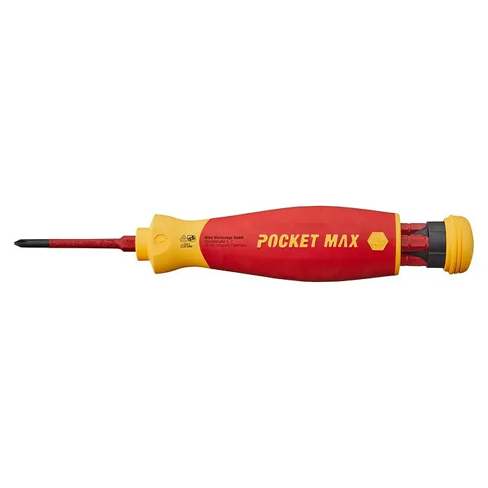 Wiha Schraubendreher-Set PocketMax® VDE - 5 -tlg. - Ein Wiha PocketMax Schraubendreher mit austauschbaren Bits, ideal für Elektriker und Handwerker, mit rotem und gelbem Griff.