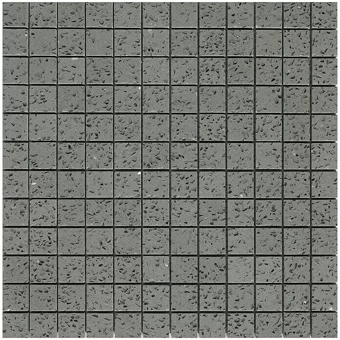 Mosaikfliese Komposit klein - 30 x 30 cm, Grau, Glänzend - Dunkelgraue quadratische Mosaikfliesen mit unregelmäßiger, dunklerer Körnung für Wand- oder Bodenverkleidung.