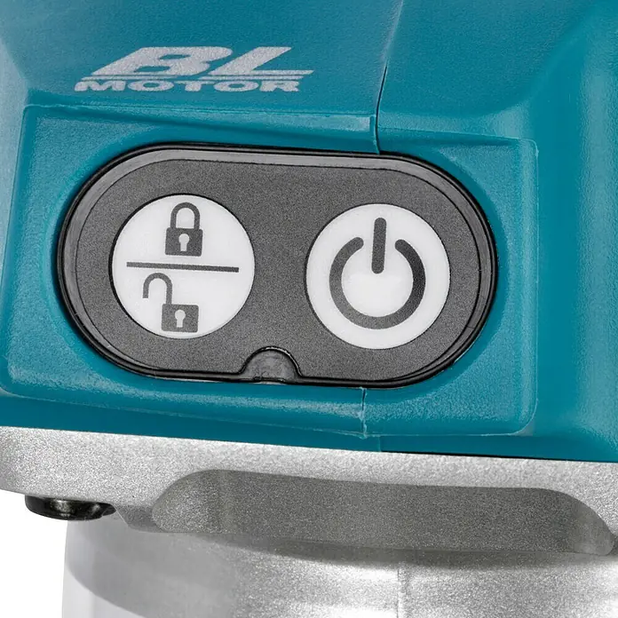 Makita LXT 18V Akku-Multifunktionsfräse DRT50Z - 18 V, Ohne Akku, Leerlaufdrehzahl: 10.000 U/min - 30.000 U/min - Nahaufnahme der Sperr- und Einschalttaste eines Makita-Elektrowerkzeugs mit BL Motor-Branding.