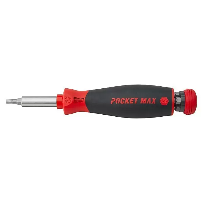 Wiha Schraubendreher-Set PocketMax® - 9 -tlg., Bitdepot - Roter und schwarzer Wiha POCKET MAX Mehrfachschraubendreher mit eingesetztem sternförmigem Bit und im Griffende aufbewahrten Sechskant-Bits.