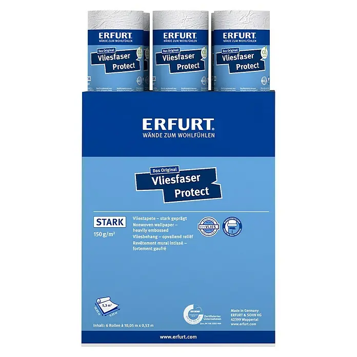Erfurt Vliestapete Vliesfaser Protect - 200, Uni, 10,05 x 0,53 m - Produktfoto von Erfurt Vliesfaser Protect Tapeten. Stark geprägte, hochwertige Vliestapete für eine attraktive Wandgestaltung.