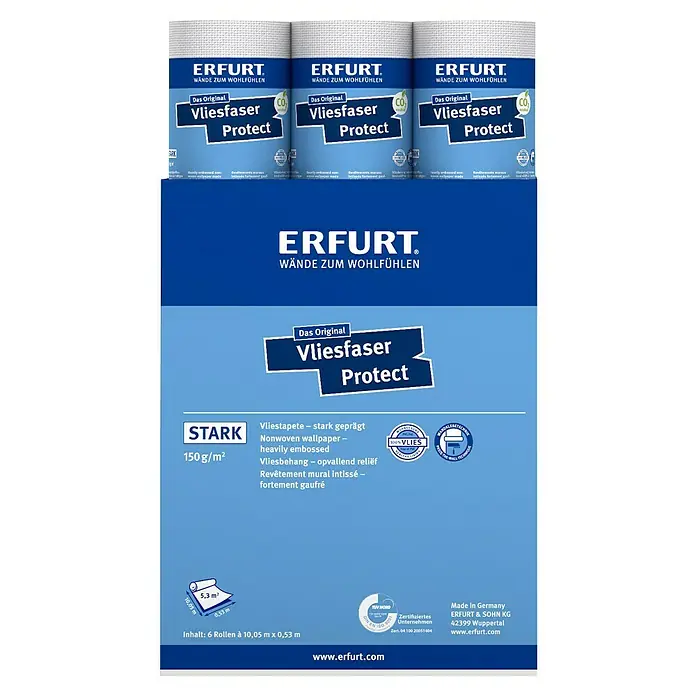 Erfurt Vliestapete Vliesfaser Protect - 201, Uni, 10,05 x 0,53 m - Produktabbildung der Erfurt Vliesfaser Protect Tapete, stark geprägt, in einer Verpackung mit sechs Rollen.