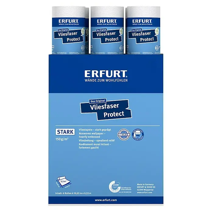 Erfurt Vliestapete Vliesfaser Protect - 213, Uni, 10,05 x 0,53 m - Abbildung der Erfurt Vliesfaser Protect Tapete. Die Rollen sind in einer blauen Verpackung präsentiert und für ihre hohe Qualität bekannt.