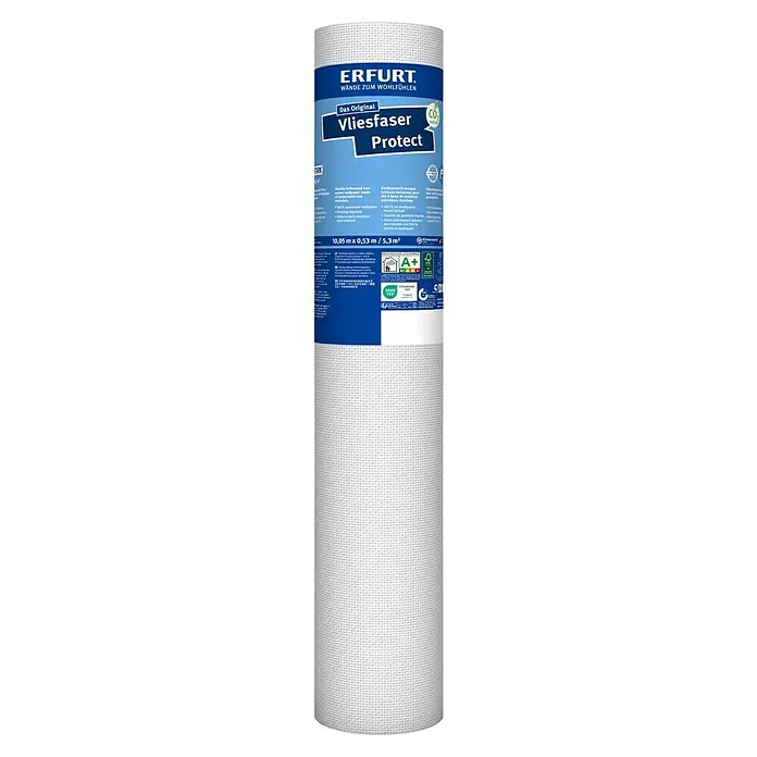 Erfurt Vliestapete Vliesfaser Protect - 201, Uni, 10,05 x 0,53 m - Nahaufnahme einer Rolle Erfurt Vliesfaser Protect Tapete, ideal für die Renovierung und den Schutz von Wänden.