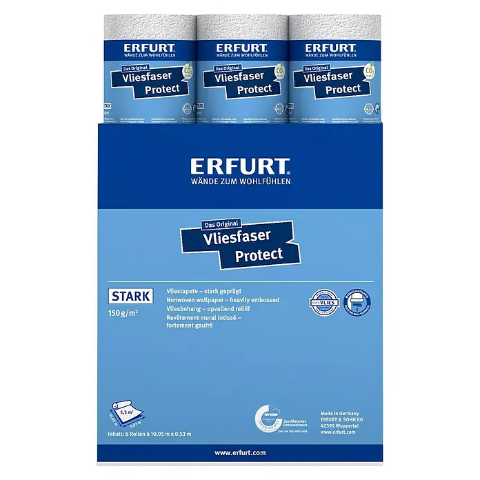 Erfurt Vliestapete Vliesfaser Protect - 204, Uni, 10,05 x 0,53 m - Produktabbildung: Erfurt Vliesfaser Protect, eine hochwertige, stark geprägte Vliestapete für ein stilvolles und behagliches Wohnambiente.