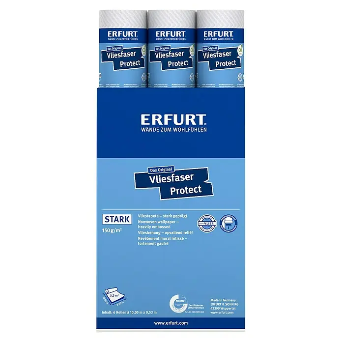 Erfurt Vliestapete Vliesfaser Protect - 207, Uni, 10,05 x 0,53 m - Produktbild von Erfurt Vliesfaser Protect, einer stark geprägten, dimensionsstabilen und rissüberbrückenden Vliestapete für Wände zum Wohlfühlen.