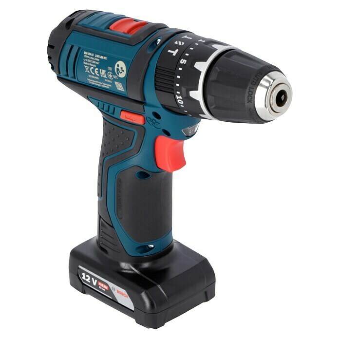 Bosch Professional Taladro atornillador percutor de batería GSB 12V-15 (12 V, 2 baterías, 2 Ah - 4 Ah, 30 Nm, 2 baterías + cargador + juego de puntas de 25 piezas/juego de brocas de 14 piezas + bolsa) | BAUHAUS